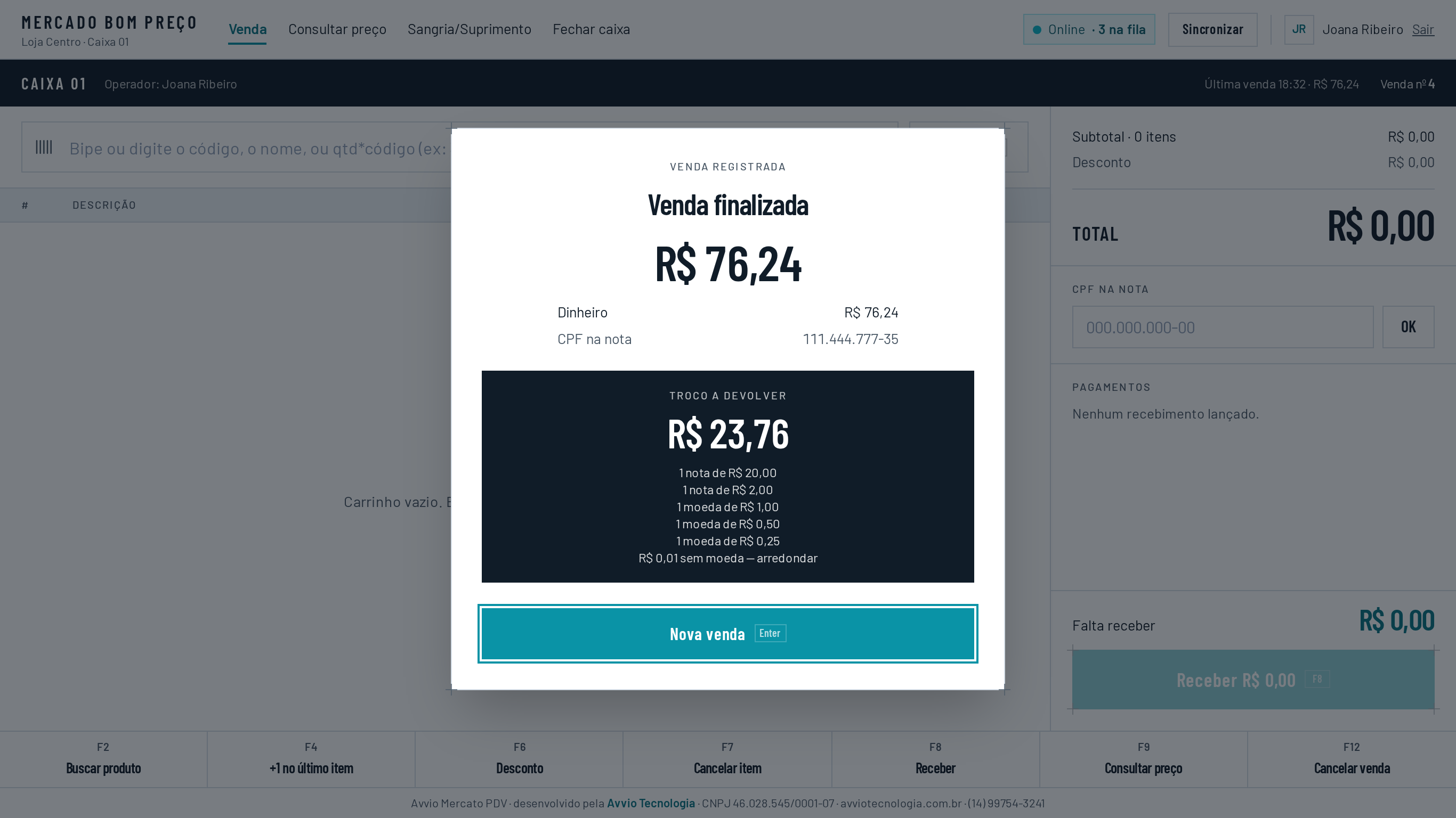 Janela de venda finalizada com total, forma de pagamento e troco a devolver
